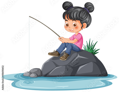 Girl Fishing on a Rock