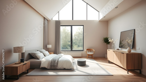 Modern minimal bedroom interior design. Generative AI