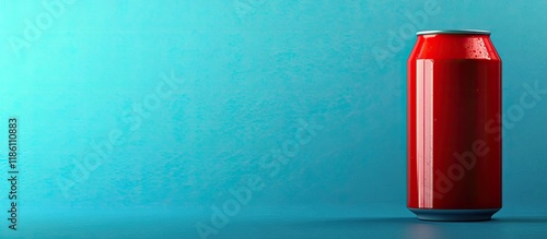 Red can energy drink on a blue background. with copy space image. Place for adding text or design photo