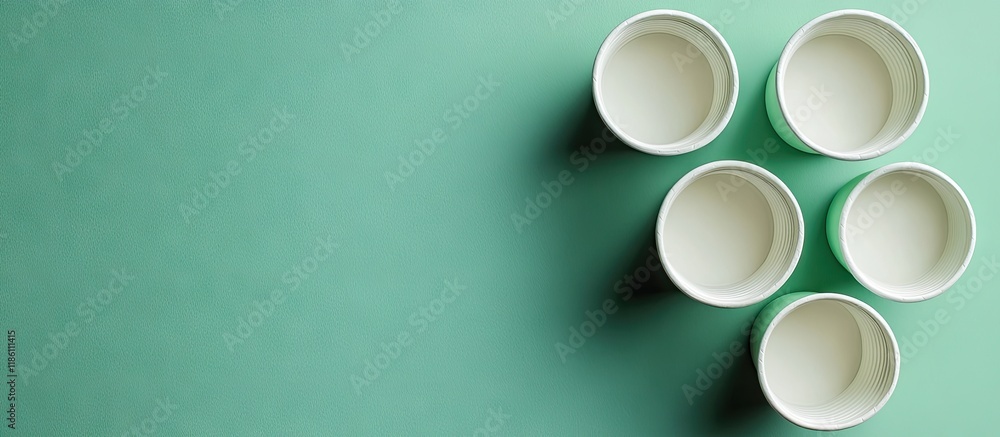 Paper cups on a green backdrop Eco friendly tableware Minimalist design Top view Copy space Paper cups on a green backdrop Eco friendly tableware Minimalist design Top view Copy space