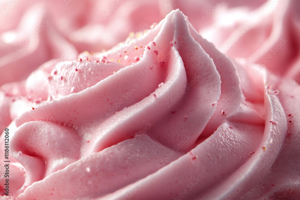 Fototapeta premium Fluffy pink frosting swirls on a dessert with sugar sprinkles