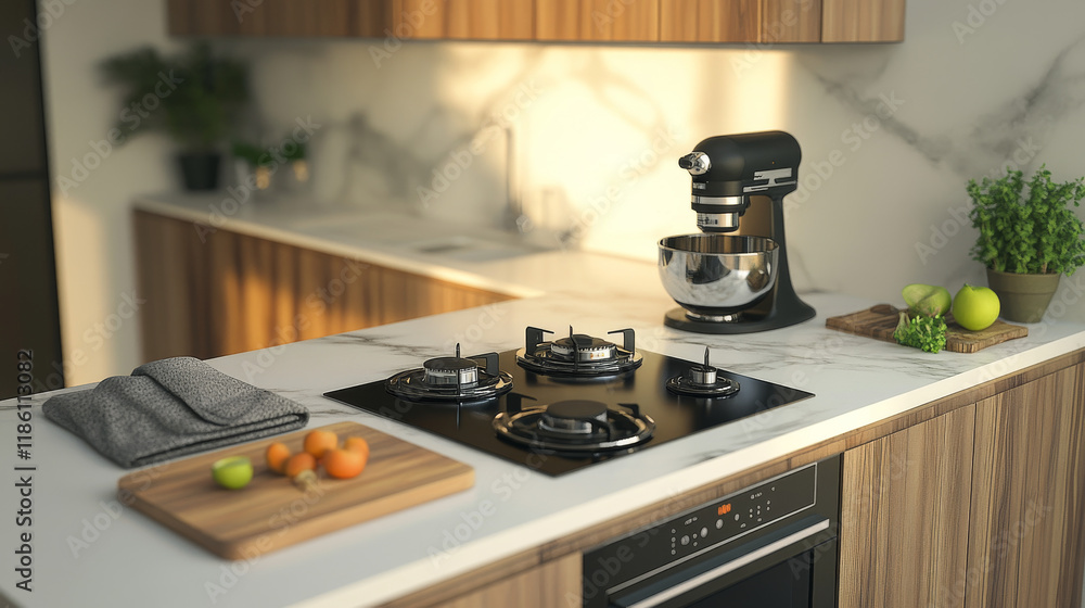 Kitchen counter top with microwave oven, gas stove, electric blender and cutting board. 3d design visualization, white table with marble countertop, cabinets and towel, Realistic vector rendering Kitchen counter top with microwave oven, gas stove, electric blender and cutting board. 3d design visualization, white table with marble countertop, cabinets and towel, Realistic vector rendering