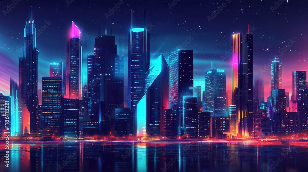 Nighttime cityscape with neon lights reflecting on water Nighttime cityscape with neon lights reflecting on water