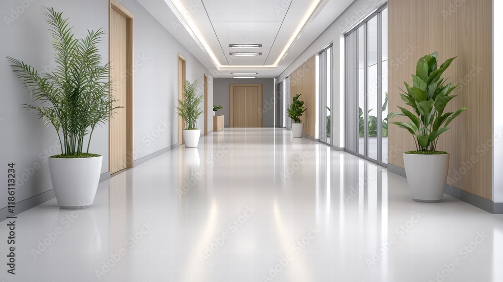 Bright Contemporary Office Corridor with Green Plants and Glossy Floor Surfaces Bright Contemporary Office Corridor with Green Plants and Glossy Floor Surfaces