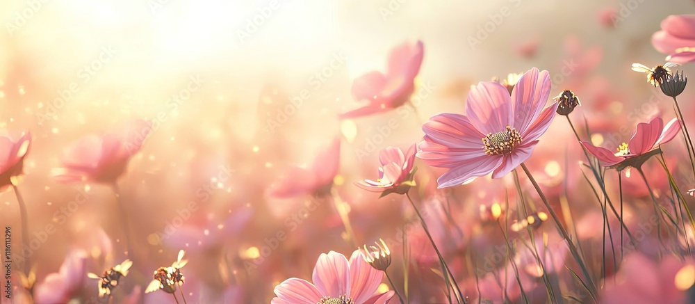 Stunning Cosmos Flowers in a Summer Field Abundant with Bees and Other Pollinators. with copy space image. Place for adding text or design Stunning Cosmos Flowers in a Summer Field Abundant with Bees and Other Pollinators. with copy space image. Place for adding text or design