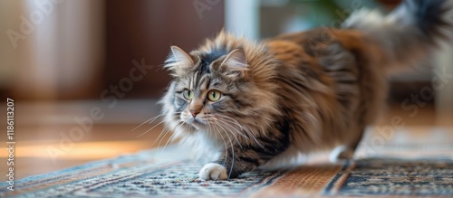 Norwegian forest cat moving slowly on a rug stealthily approaching something. with copy space image. Place for adding text or design photo