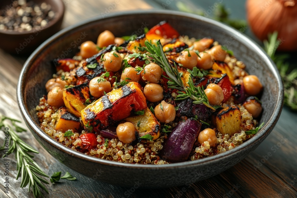 Colorful roasted vegetable dish in a rustic wooden bowl Colorful roasted vegetable dish in a rustic wooden bowl