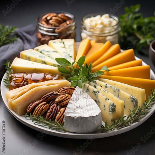 A plate of cheese slices arranged in an oval shape, with one rosemary sprig on the side and various types of cheese including cheddar, gouda, brie, gruyère, feta, blue cheese, Parmesan photo