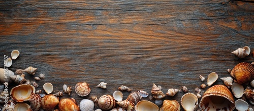 Seashells surround wood Oce...