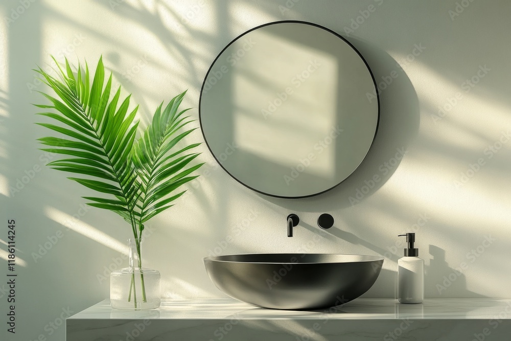 Fototapeta premium Modern bathroom with round mirror and minimal decor