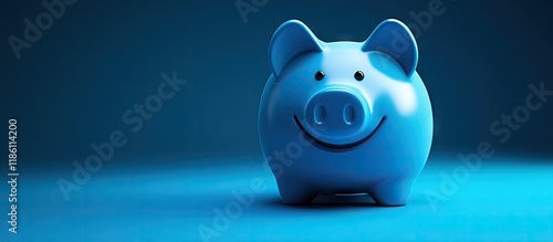 Blue piggy bank with a smile isolated against a blue background Concept of finance and saving money. with copy space image. Place for adding text or design