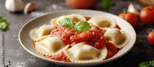Plate of ravioli topped wit...
