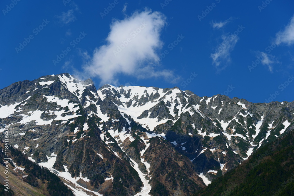 Φωτογραφία 中部山岳国立公園、上高地より穂高連峰を望む。松本、長野、日本。5月下旬。