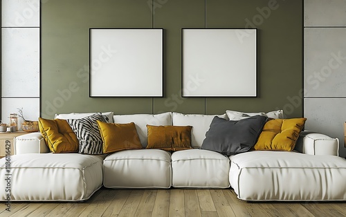 Modern sectional sofa in green room, empty frames, relaxed atmosphere, interior design mockup photo