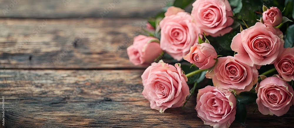 Bouquet of pink roses on a wooden table with copy space Ideal for a greeting card Soft style for the background selective focus Bouquet of pink roses on a wooden table with copy space Ideal for a greeting card Soft style for the background selective focus