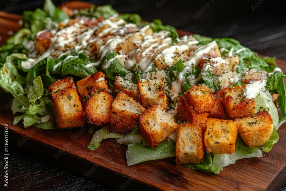 Delicious caesar salad with croutons and dressing on a plate Delicious caesar salad with croutons and dressing on a plate