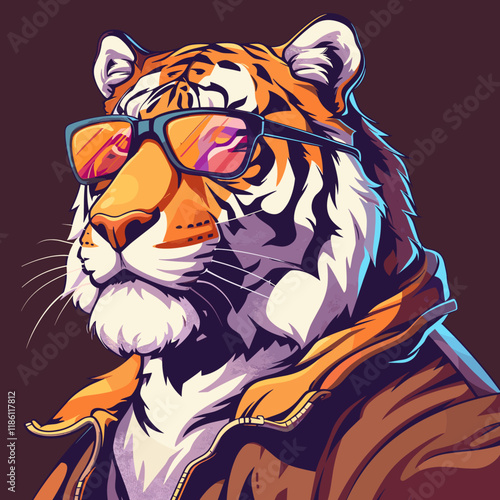 Tiger with sunglasses on its face. The tiger is wearing sunglasses and has a casual, laid-back vibe