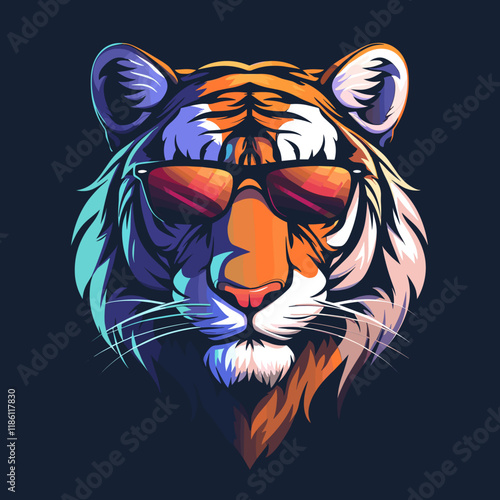Tiger with sunglasses on its face. The tiger is wearing a pair of sunglasses and has a smile on its face. The sunglasses are positioned on the tiger's face, covering its eyes