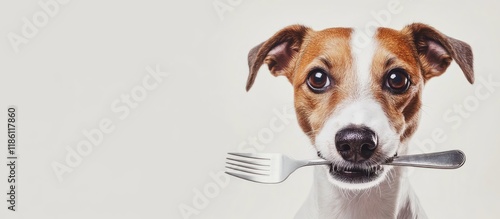 A portrait of a Jack Russell Terrier dog with a fork in its mouth against a white background Copy space photo