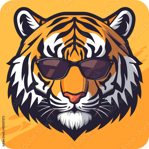 Tiger with sunglasses on its face. The tiger is wearing sunglasses and has a casual, laid-back vibe