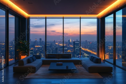 Luxurious modern living room with panoramic sunset view photo