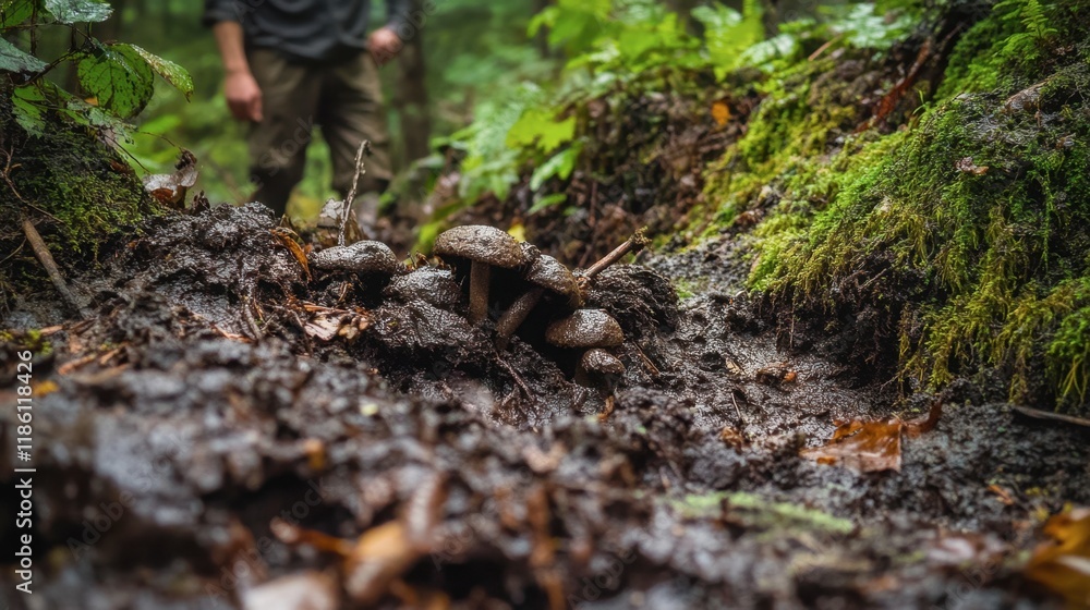 Fototapeta premium Forest Scene with Mushrooms in Damp Soil Surrounded by Greenery