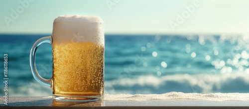 A mug of beer with froth an...