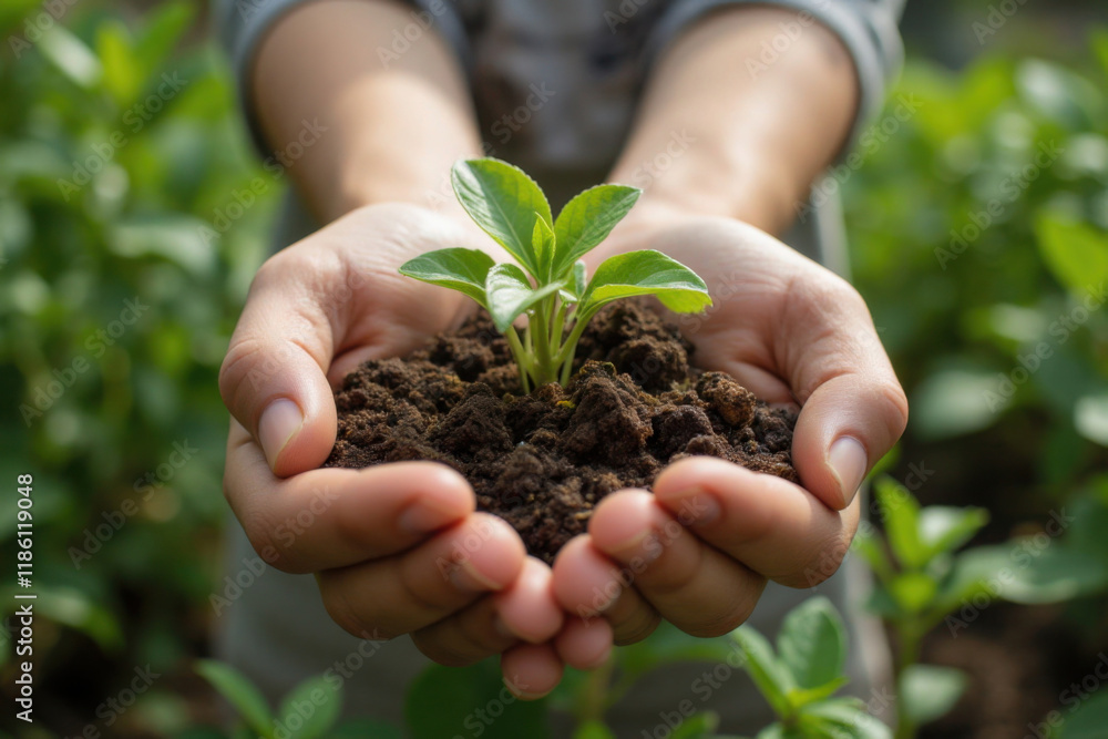 a pair of hands holding a small plant with soil in the palm, set against a background of greenery a pair of hands holding a small plant with soil in the palm, set against a background of greenery