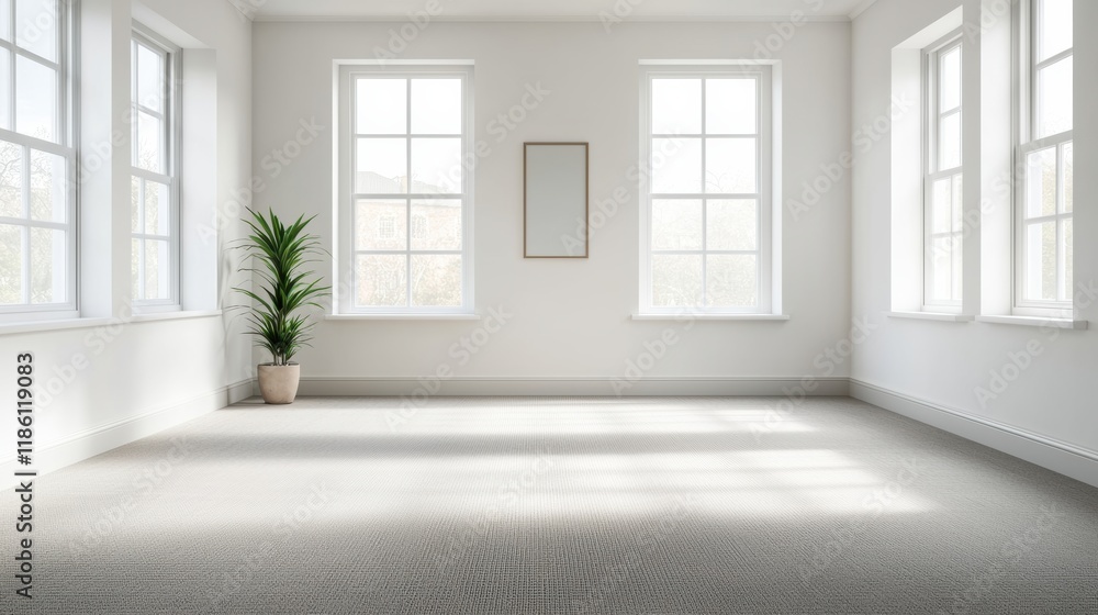 Fototapeta premium Empty modern office with large windows and carpet flooring welcoming natural light