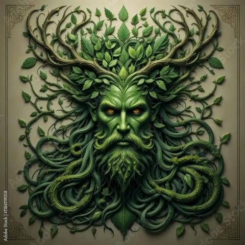 The Green Man: A Masterpiece of Digital Art Depicting the Ancient Spirit of Nature, Embodied in Intricate Foliage and Mystical Antlers photo