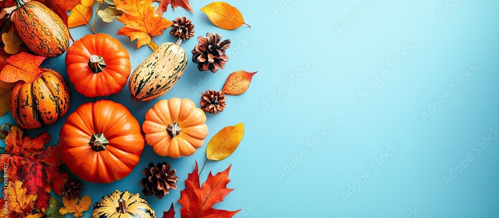 Fototapeta premium Autumn decorations on a blue backdrop Holiday fall Halloween Thanksgiving Day theme Flat lay top view Halloween party greeting card mockup featuring copy space
