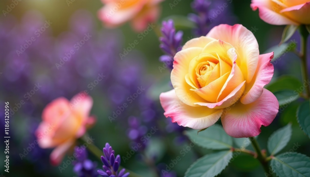 Fragrant roses sway in purple lavender breeze, bloom, yellow, rose Fragrant roses sway in purple lavender breeze, bloom, yellow, rose