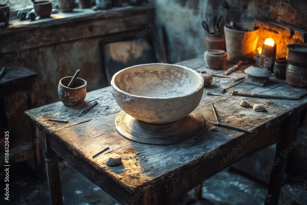 Wooden table with a bowl of dough and baking ingredients Wooden table with a bowl of dough and baking ingredients