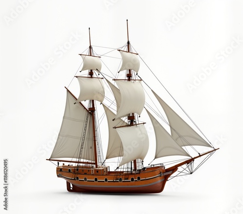 Wooden ship with white sails. Classic sailing vessel. Isolated on white background. Historic nautical style. Vintage design. Suitable for maritime theme. Beautiful model. Impressive sea craft.