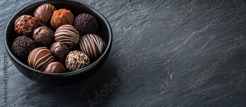 Panel kuchenny z motywem Chocolate candies and truffles in a black ceramic bowl on a grey slate background Copy space