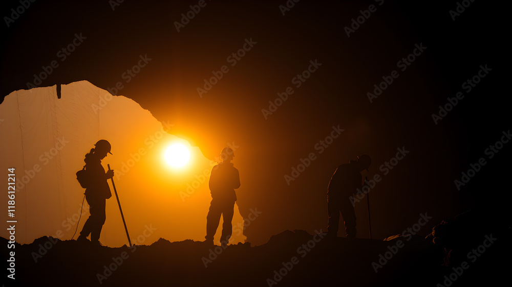Fototapeta premium Outdoor photo of silhouette women and men miners workers working on open air diamond mine. Generative AI