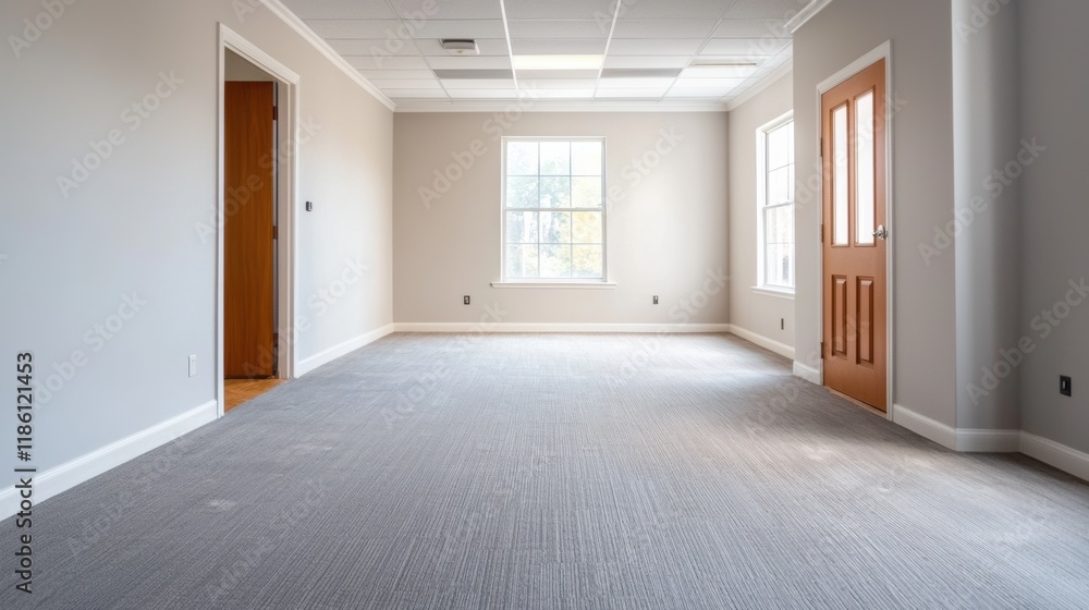 Empty office room with natural light illuminating gray carpet Empty office room with natural light illuminating gray carpet