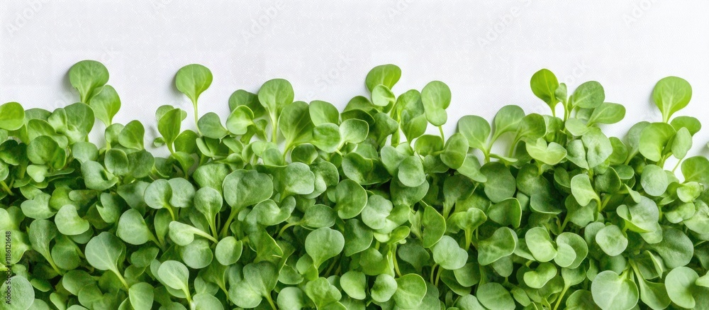 Green sunflower microgreens viewed from above on a white background. with copy space image. Place for adding text or design Green sunflower microgreens viewed from above on a white background. with copy space image. Place for adding text or design