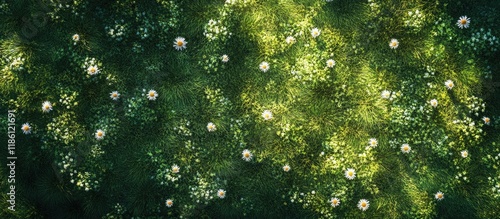 Daisy flowers on a green lawn in a garden field create a floral abstract background. with copy space image. Place for adding text or design