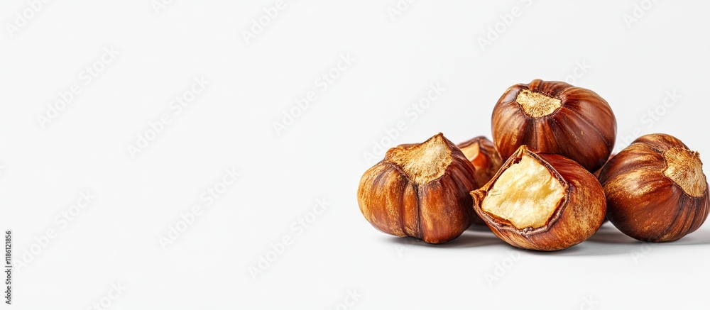 Cracked shell chestnuts in autumn set against a white background with room for text. with copy space image. Place for adding text or design Cracked shell chestnuts in autumn set against a white background with room for text. with copy space image. Place for adding text or design