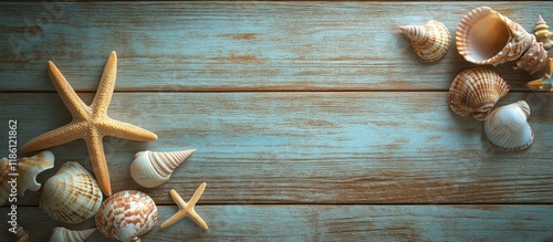 Seashells on a wooden backdrop Summer theme Copyspace photo