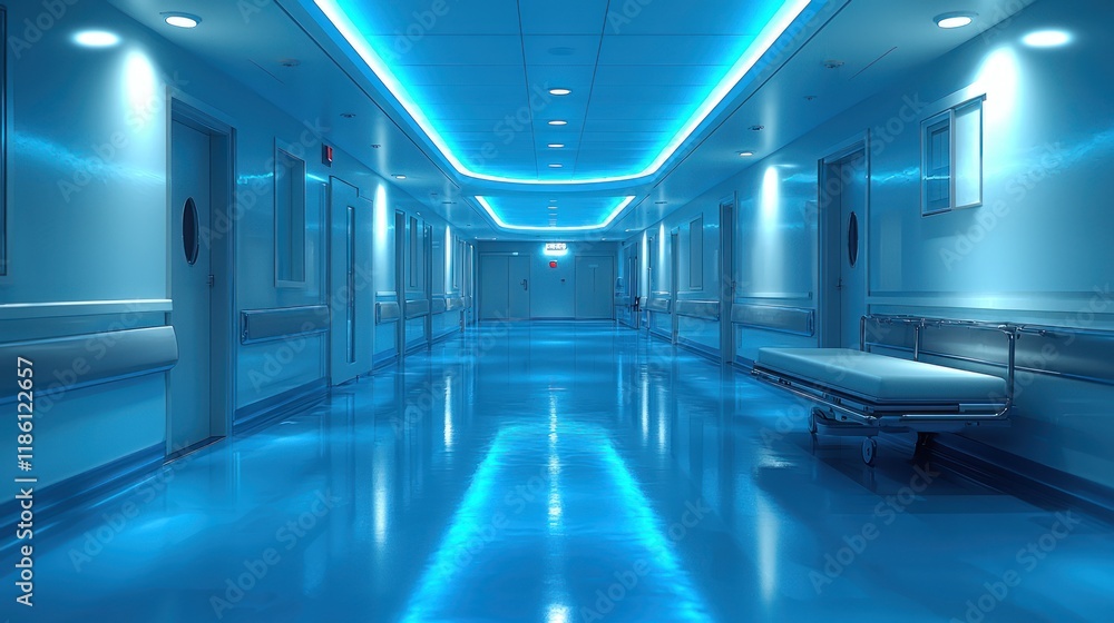 Fototapeta premium Modern hospital corridor with blue lighting.