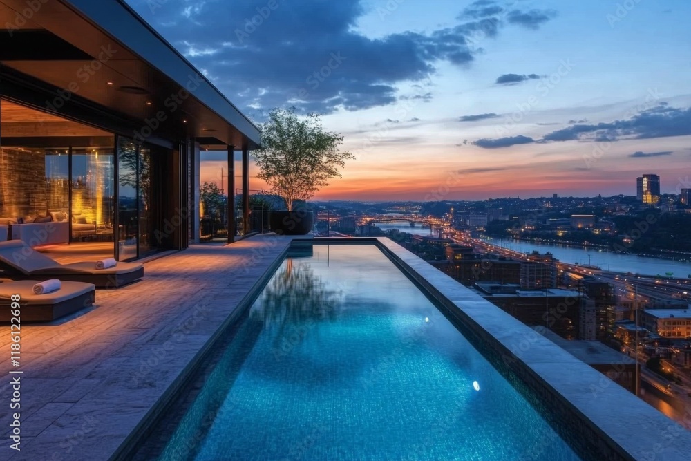 Obraz premium Luxurious infinity pool at sunset overlooking the city skyline