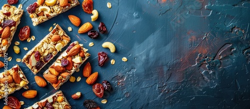 Granola bars containing nutritious nuts and dried fruits. with copy space image. Place for adding text or design