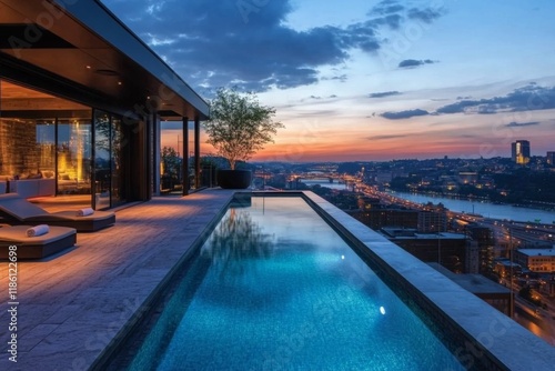 Luxurious infinity pool at sunset overlooking the city skyline photo