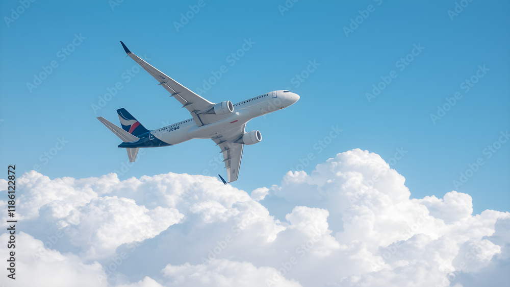 Obraz premium passenger plane flying through clouds in the sky, Generative AI