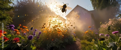 A bloom filled garden exploding in colors welcoming bees and butterflies delightedly from sunlight photo