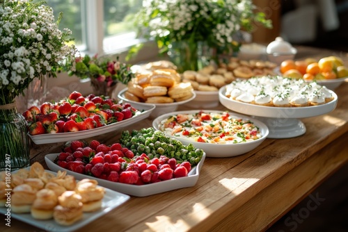 Assorted pastries and fresh fruits on a wooden kitchen counter photo