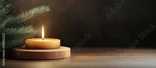 Fototapeta Naklejka Na Ścianę i Meble -  Christmas candle with a stand on a wooden board. with copy space image. Place for adding text or design