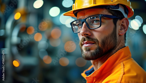 Man in safety gear stands near industrial equipment at oil refinery. Focused on task. Industrial worker looks attentive. Oil production site. Pro oil worker. Safety first. Energy industry. Modern photo